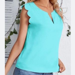 Shein V Neck Blue Scallop Sleeveless Top